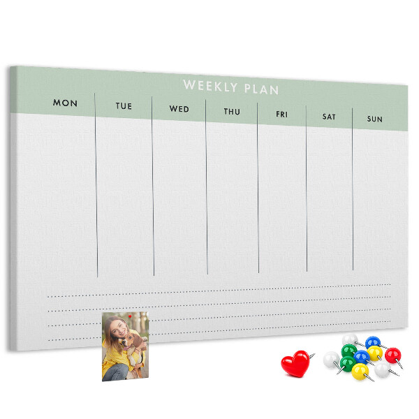 Pizarra de corcho con diseño de plan semanal y secciones claras