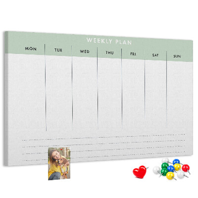 Pizarra de corcho con diseño de plan semanal y secciones claras