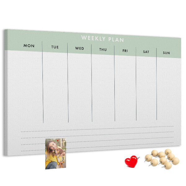 Pizarra de corcho con diseño de plan semanal y secciones claras