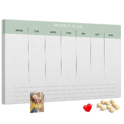 Pizarra de corcho con diseño de plan semanal y secciones claras