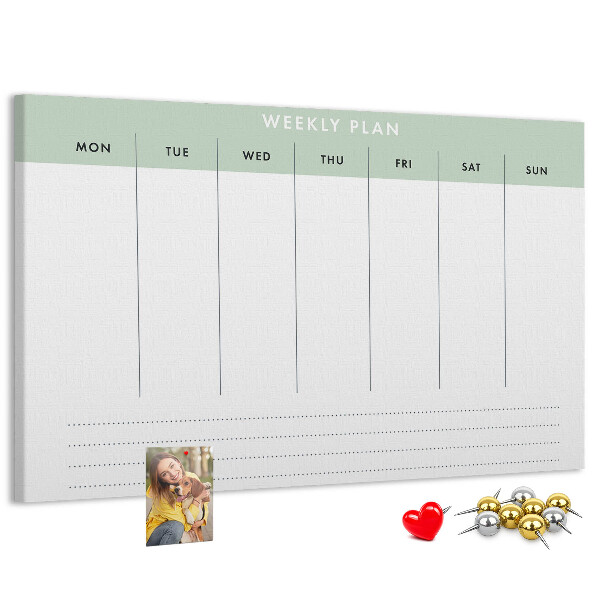 Pizarra de corcho con diseño de plan semanal y secciones claras