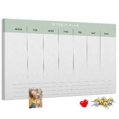 Pizarra de corcho con diseño de plan semanal y secciones claras