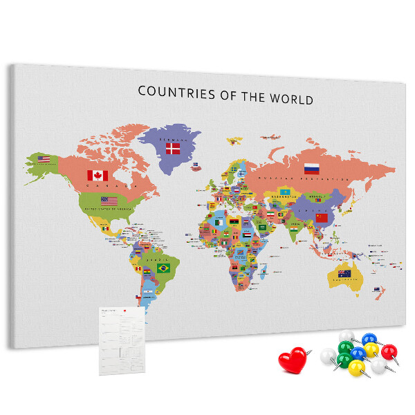 Pizarra de corcho con mapas del mundo y países marcados