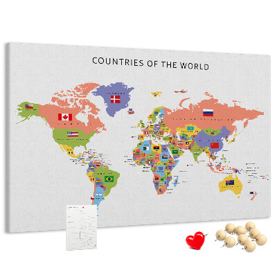 Pizarra de corcho con mapas del mundo y países marcados