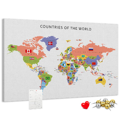 Pizarra de corcho con mapas del mundo y países marcados