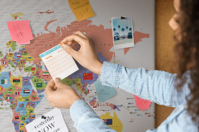 Pizarra de corcho con mapas del mundo y países marcados