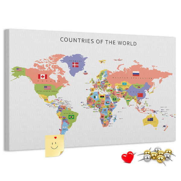 Pizarra de corcho con mapas del mundo y países marcados