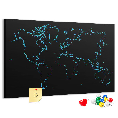 Tablero de corcho decorado Mapa del mundo sobre fondo negro