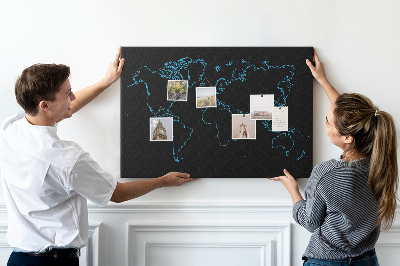 Tablero de corcho decorado mapa del mundo sobre fondo negro