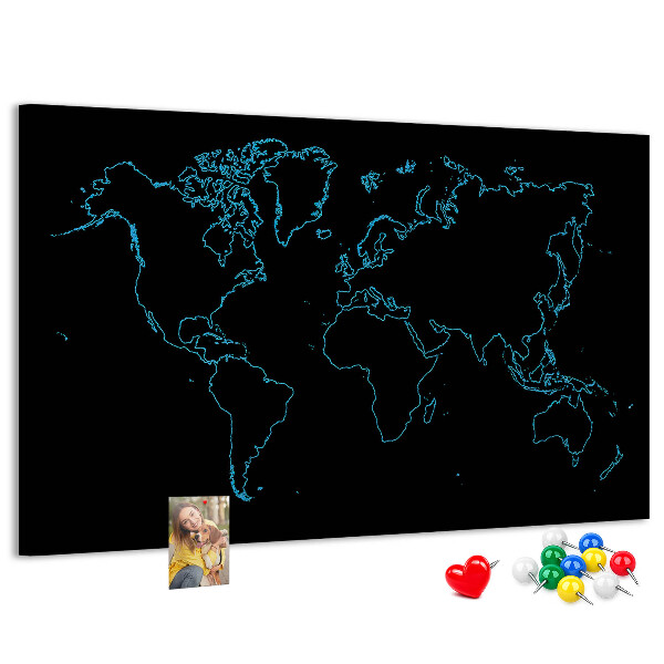 Tablero de corcho decorado mapa del mundo sobre fondo negro