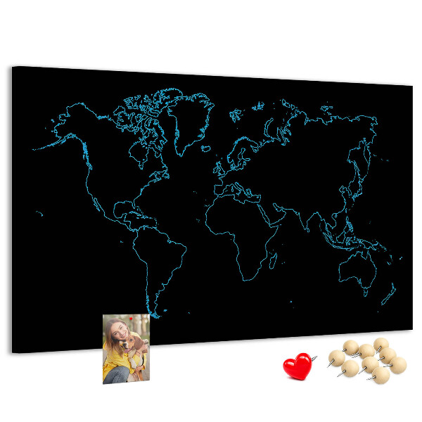 Tablero de corcho decorado mapa del mundo sobre fondo negro