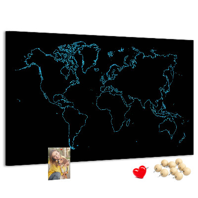 Tablero de corcho decorado mapa del mundo sobre fondo negro