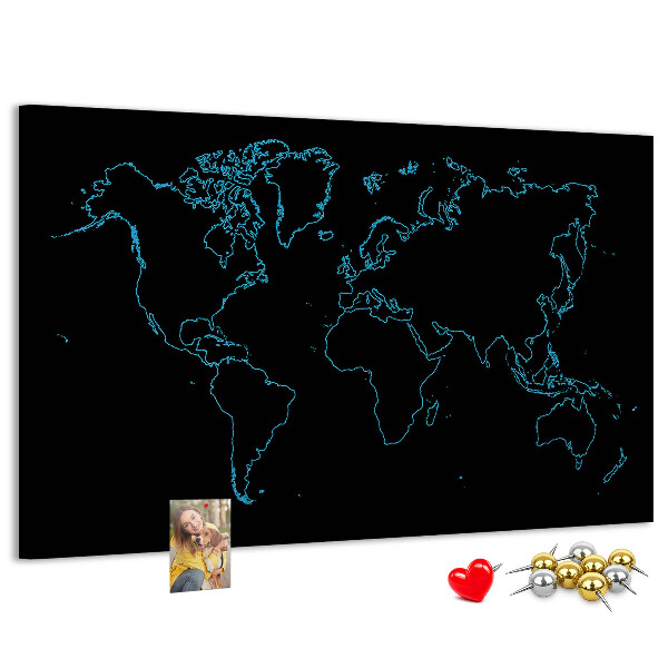 Tablero de corcho decorado mapa del mundo sobre fondo negro
