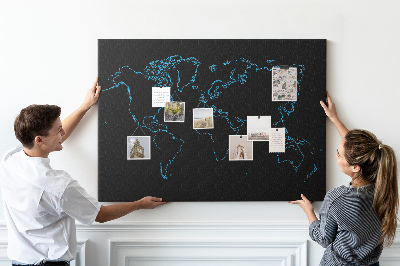Tablero de corcho decorado mapa del mundo sobre fondo negro