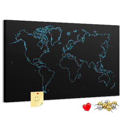 Tablero de corcho decorado mapa del mundo sobre fondo negro