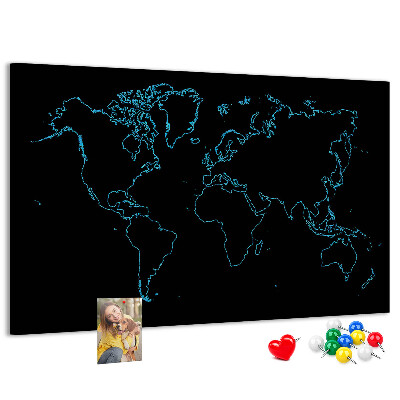 Tablero de corcho decorado mapa del mundo sobre fondo negro