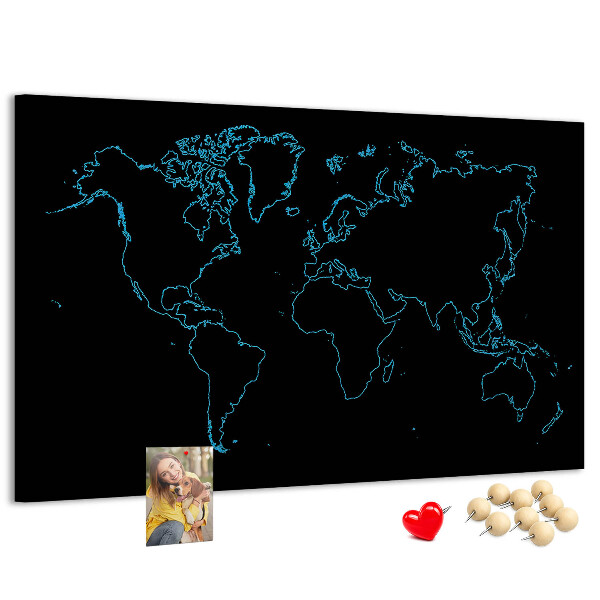 Tablero de corcho decorado mapa del mundo sobre fondo negro