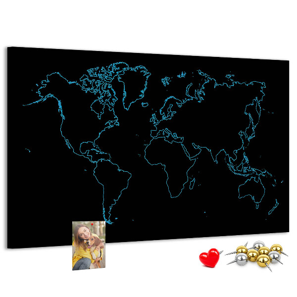 Tablero de corcho decorado mapa del mundo sobre fondo negro