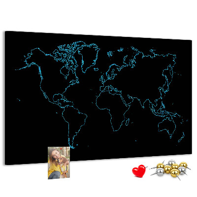 Tablero de corcho decorado mapa del mundo sobre fondo negro