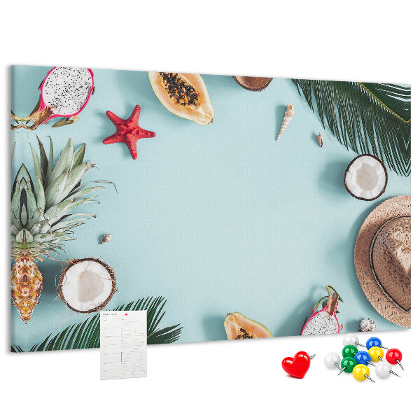 Pizarra de corcho con diseño de frutas tropicales y accesorios de playa