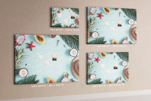 Pizarra de corcho con diseño de frutas tropicales y accesorios de playa