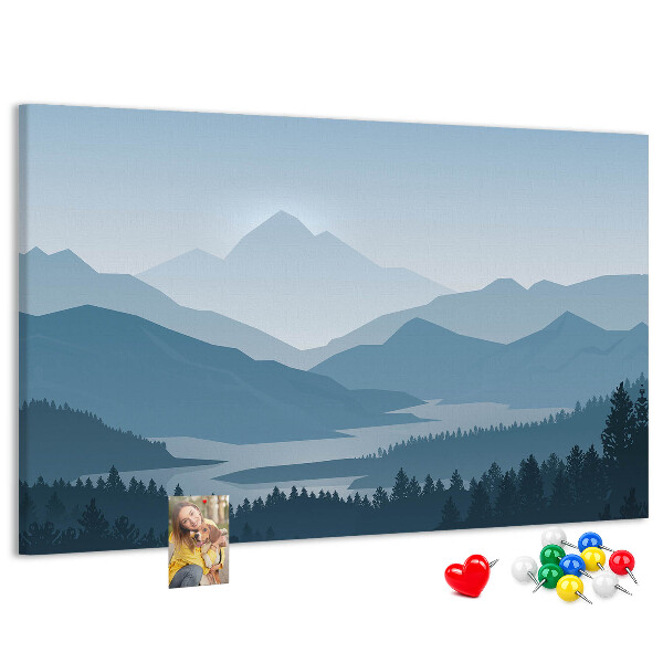 Tablero de corcho decorado paisaje de montaña en tonos azules