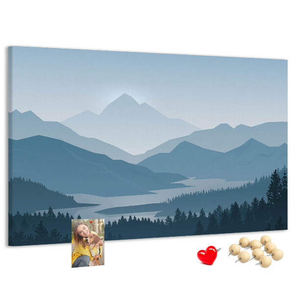 Tablero de corcho decorado paisaje de montaña en tonos azules