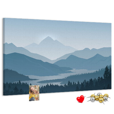 Tablero de corcho decorado paisaje de montaña en tonos azules