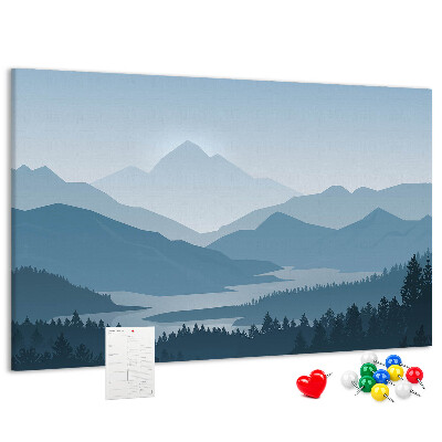 Tablero de corcho decorado paisaje de montaña en tonos azules