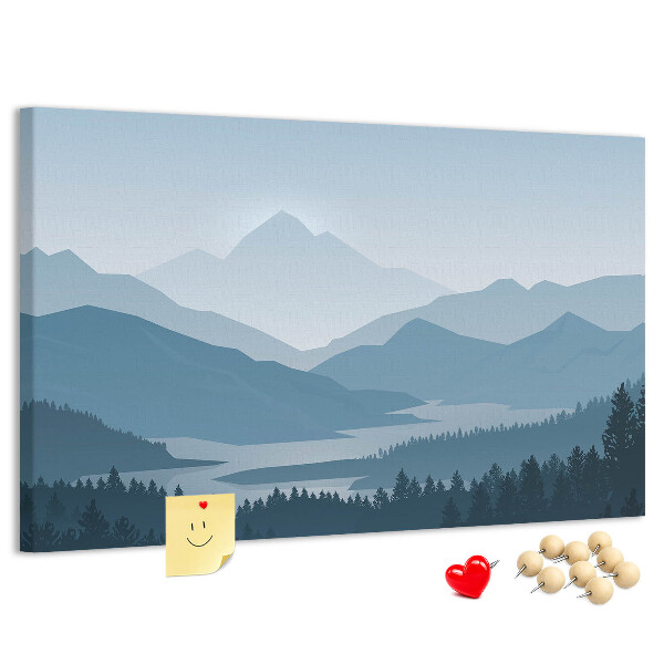 Tablero de corcho decorado paisaje de montaña en tonos azules