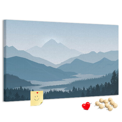 Tablero de corcho decorado paisaje de montaña en tonos azules