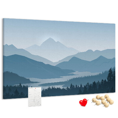Tablero de corcho decorado paisaje de montaña en tonos azules
