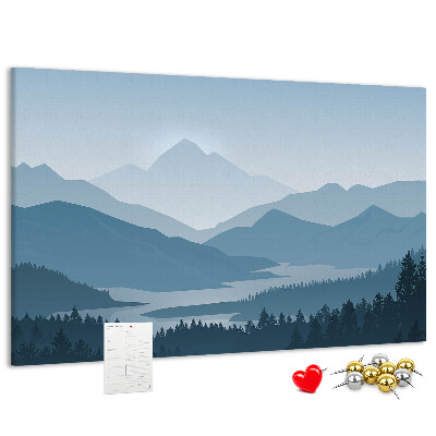Tablero de corcho decorado paisaje de montaña en tonos azules