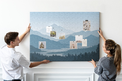 Tablero de corcho decorado paisaje de montaña en tonos azules