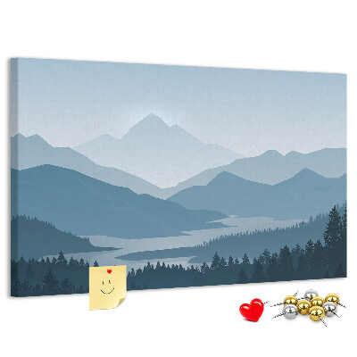Tablero de corcho decorado paisaje de montaña en tonos azules