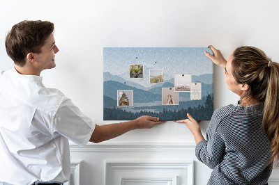 Tablero de corcho decorado paisaje de montaña en tonos azules
