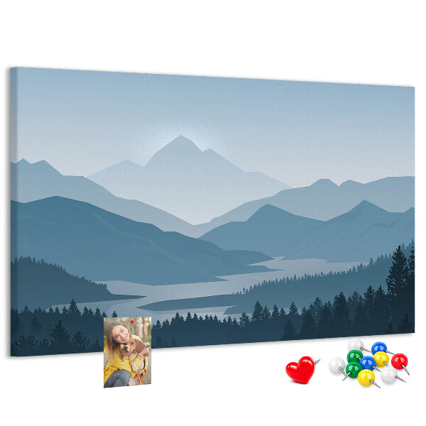 Tablero de corcho decorado paisaje de montaña en tonos azules