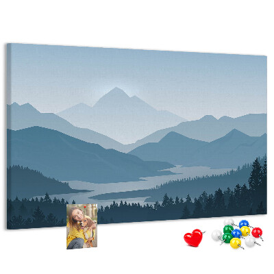Tablero de corcho decorado paisaje de montaña en tonos azules