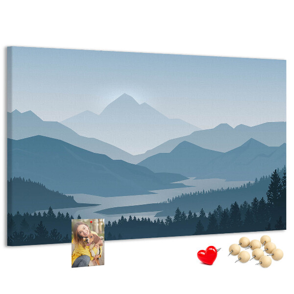 Tablero de corcho decorado paisaje de montaña en tonos azules