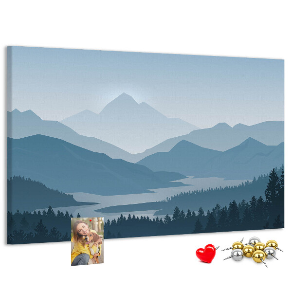 Tablero de corcho decorado paisaje de montaña en tonos azules