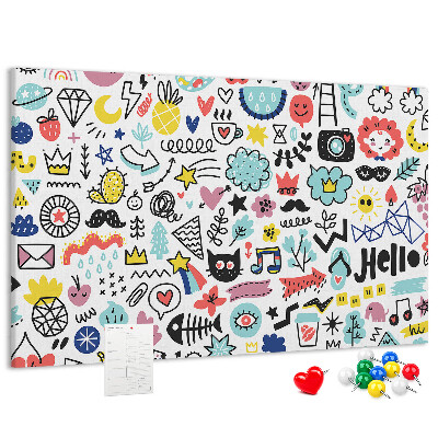 Tablero de anuncios con diseños coloridos de motivos dibujados