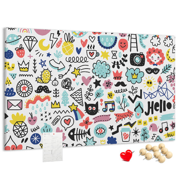 Tablero de anuncios con diseños coloridos de motivos dibujados