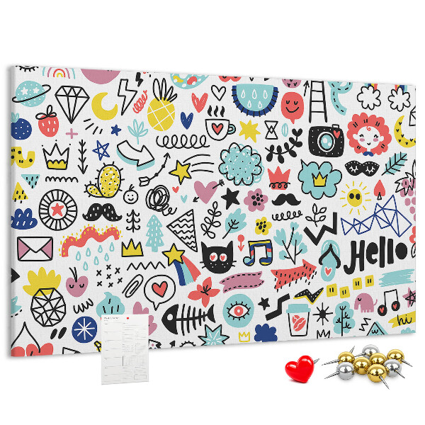 Tablero de anuncios con diseños coloridos de motivos dibujados