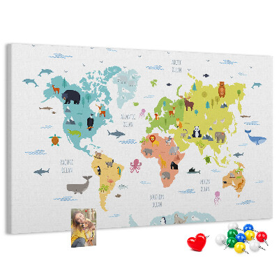 Pizarra de corcho mapamundi con ilustraciones de animales