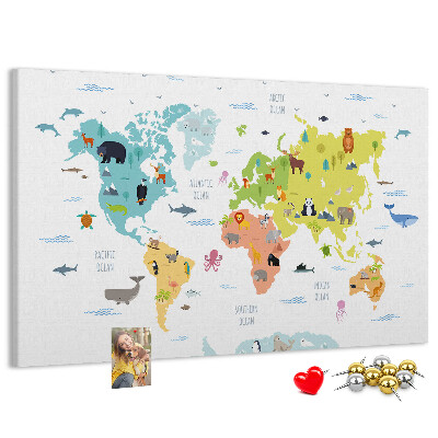 Pizarra de corcho mapamundi con ilustraciones de animales