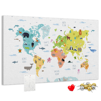 Pizarra de corcho mapamundi con ilustraciones de animales
