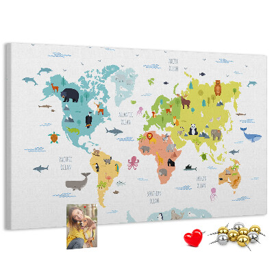 Pizarra de corcho mapamundi con ilustraciones de animales