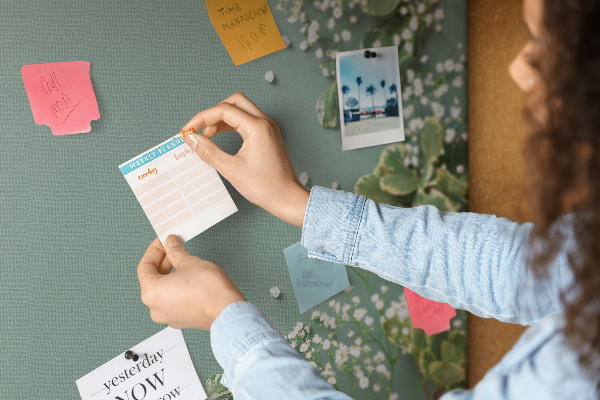 Tablero de anuncios con estampado floral sobre fondo verde