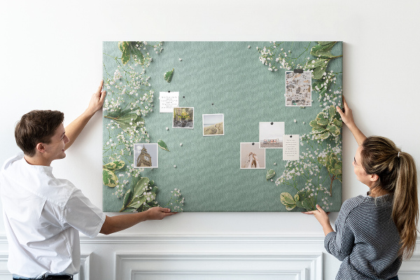 Tablero de anuncios con estampado floral sobre fondo verde