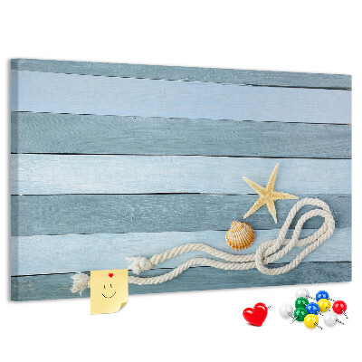 Pizarra de corcho con diseño de paisaje marino con conchas y cuerda